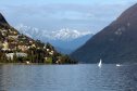 Olaszország, Lugano, víz, tó, hó, hegyek, havas hegycsúcs